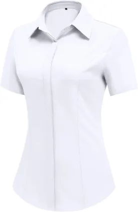 HOTOUCH Women Short Sleeve Button Down Shirts Business Work Fitted Collared Blouse Office Basic 2025 Summer Tops S-2XL