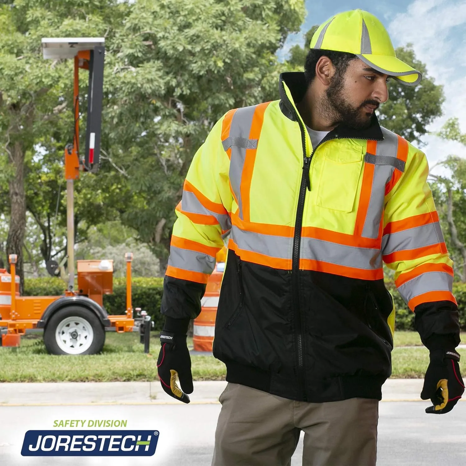 JORESTECH High Visibility Reflective Safety Bomber Jacket Waterproof X in Back ANSI/ISEA Class 1 Type O/CSA Z96