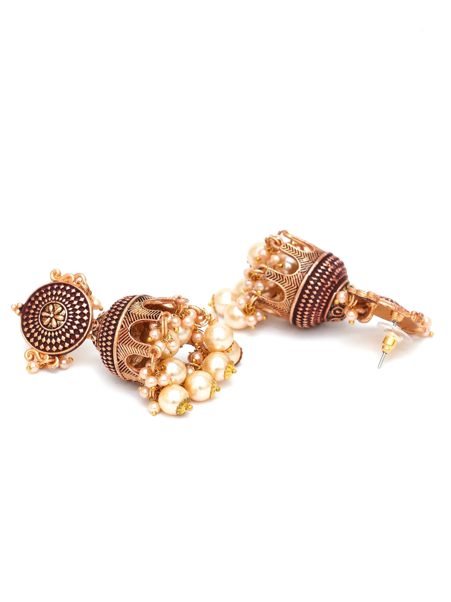 Karatcart Antique Gold Plated Maroon Tomb Style with Golden Pearl Jhumki Earrings for Women