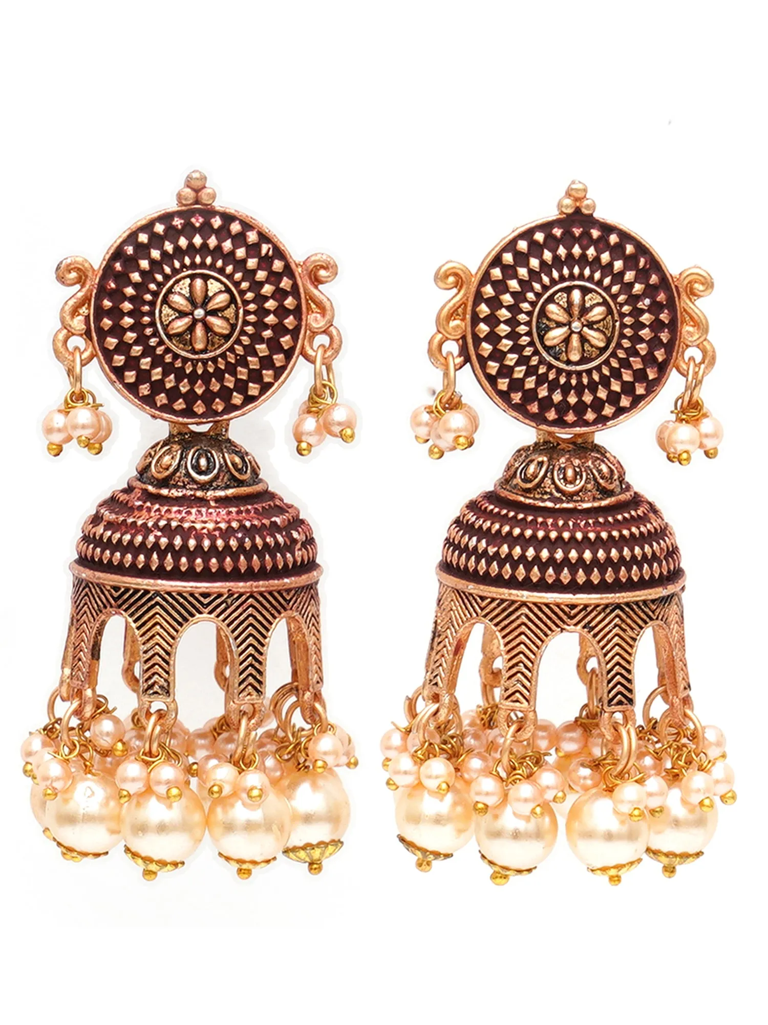 Karatcart Antique Gold Plated Maroon Tomb Style with Golden Pearl Jhumki Earrings for Women