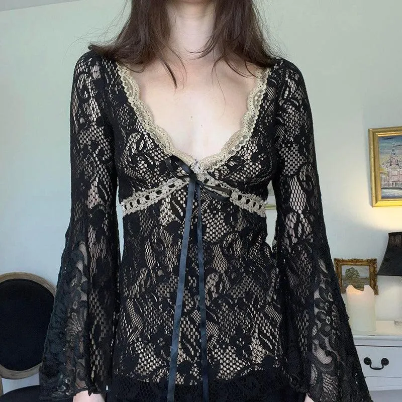 Lace Tie-Front Bell Sleeve Top