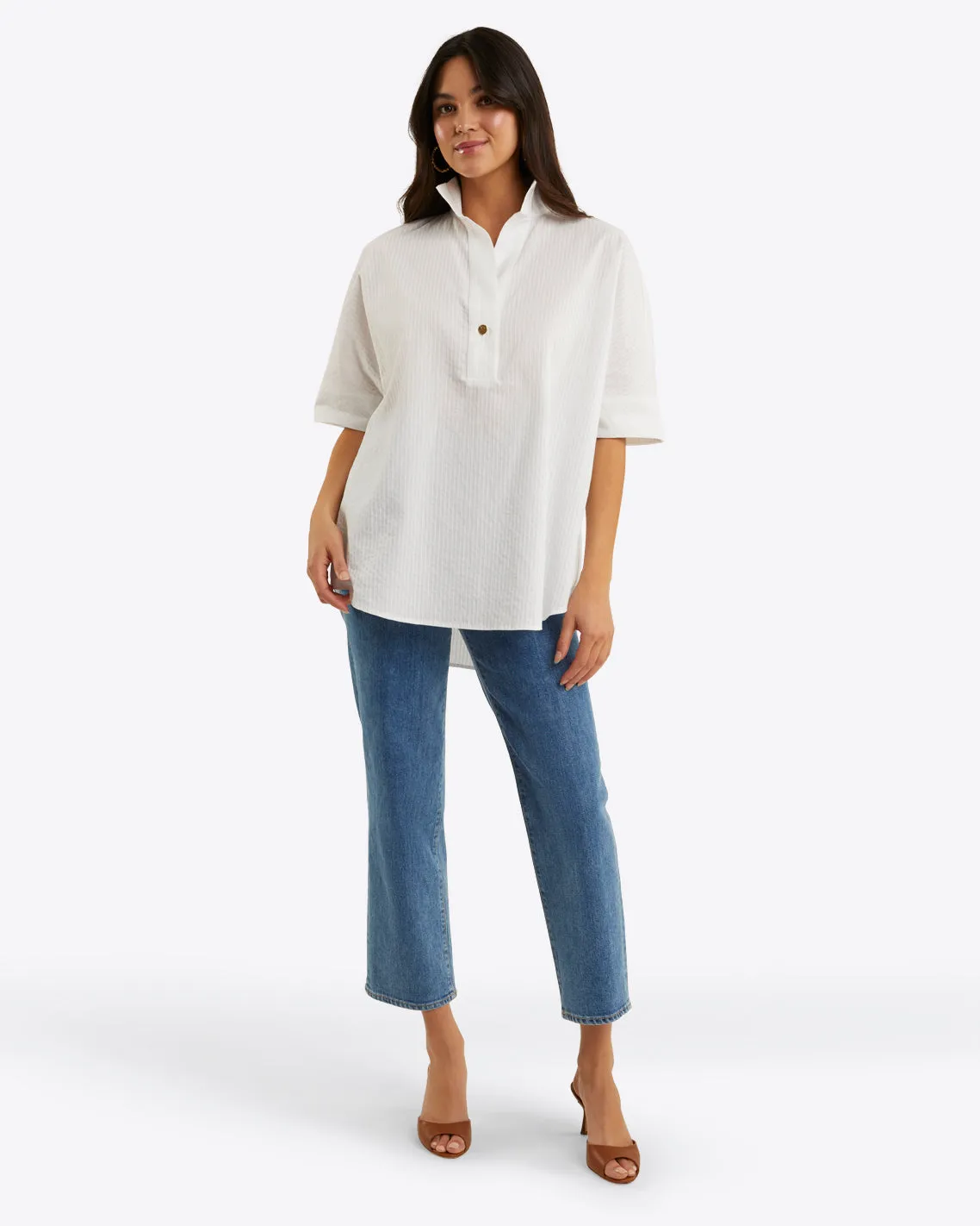 Logan Top in White Shirting Stripe