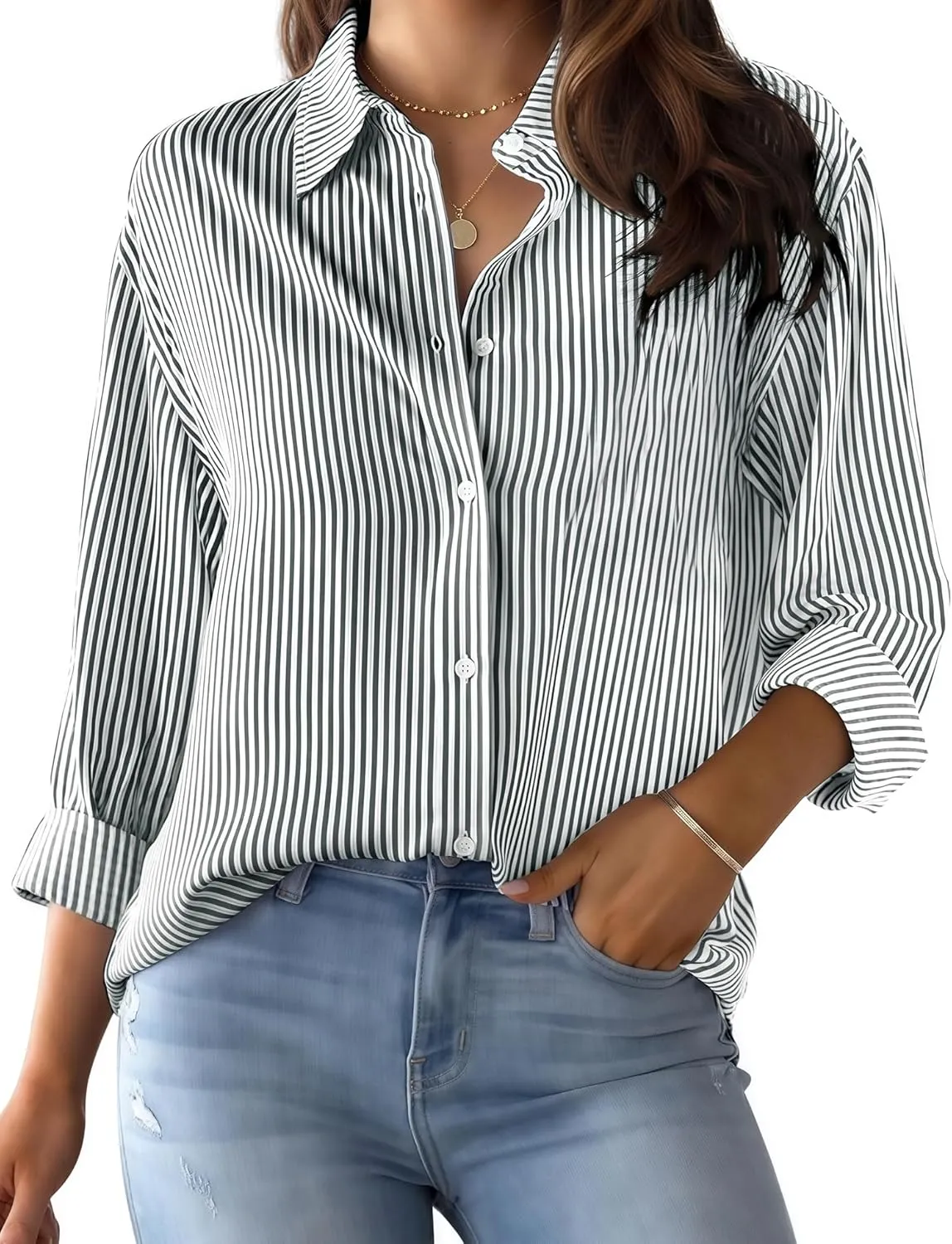 LOMON Button Down Shirt for Women Spring Summer Tops Long Sleeve Business Dressy Casual Blouses Collared Work Outfits Clothes