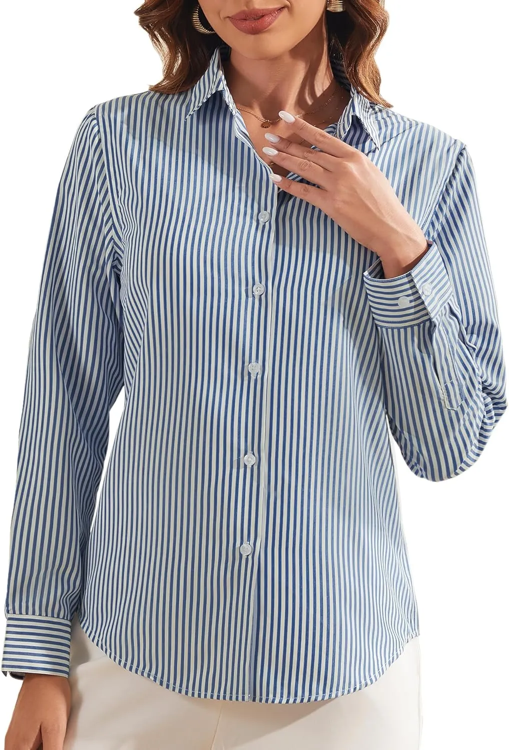 LOMON Button Down Shirt for Women Spring Summer Tops Long Sleeve Business Dressy Casual Blouses Collared Work Outfits Clothes