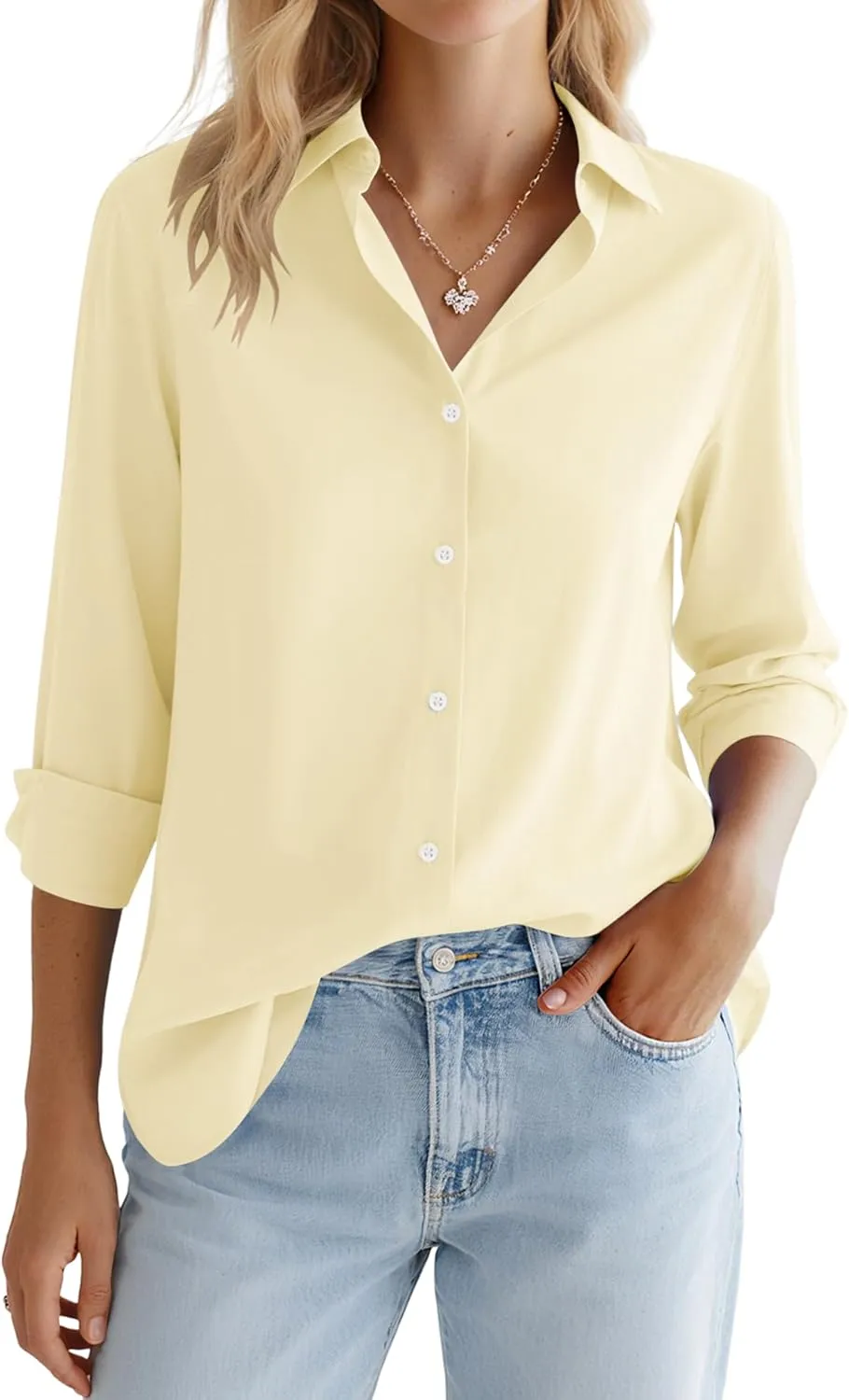LOMON Button Down Shirt for Women Spring Summer Tops Long Sleeve Business Dressy Casual Blouses Collared Work Outfits Clothes