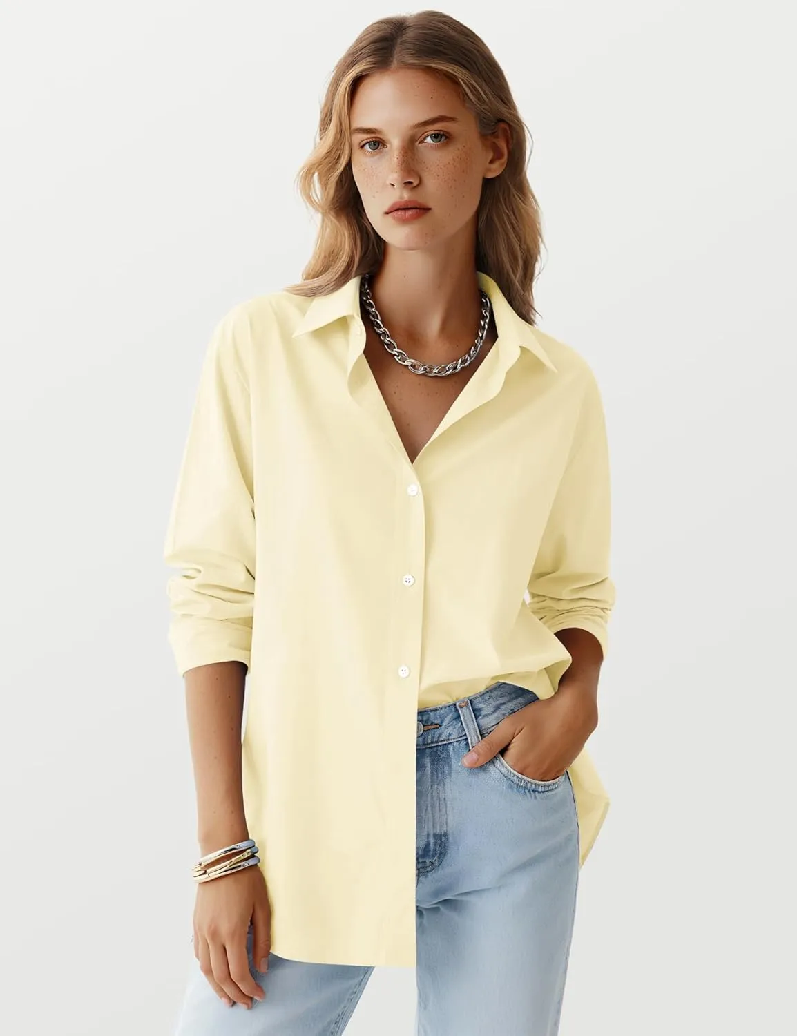LOMON Button Down Shirt for Women Spring Summer Tops Long Sleeve Business Dressy Casual Blouses Collared Work Outfits Clothes