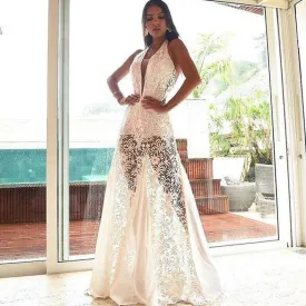 Long backless  white evening dress