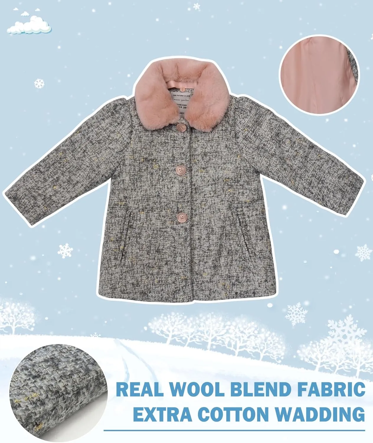 maoo garden Girls Winter Wool Peacoat Little Girls Fur Collar Dress Coat Quilted Jacket