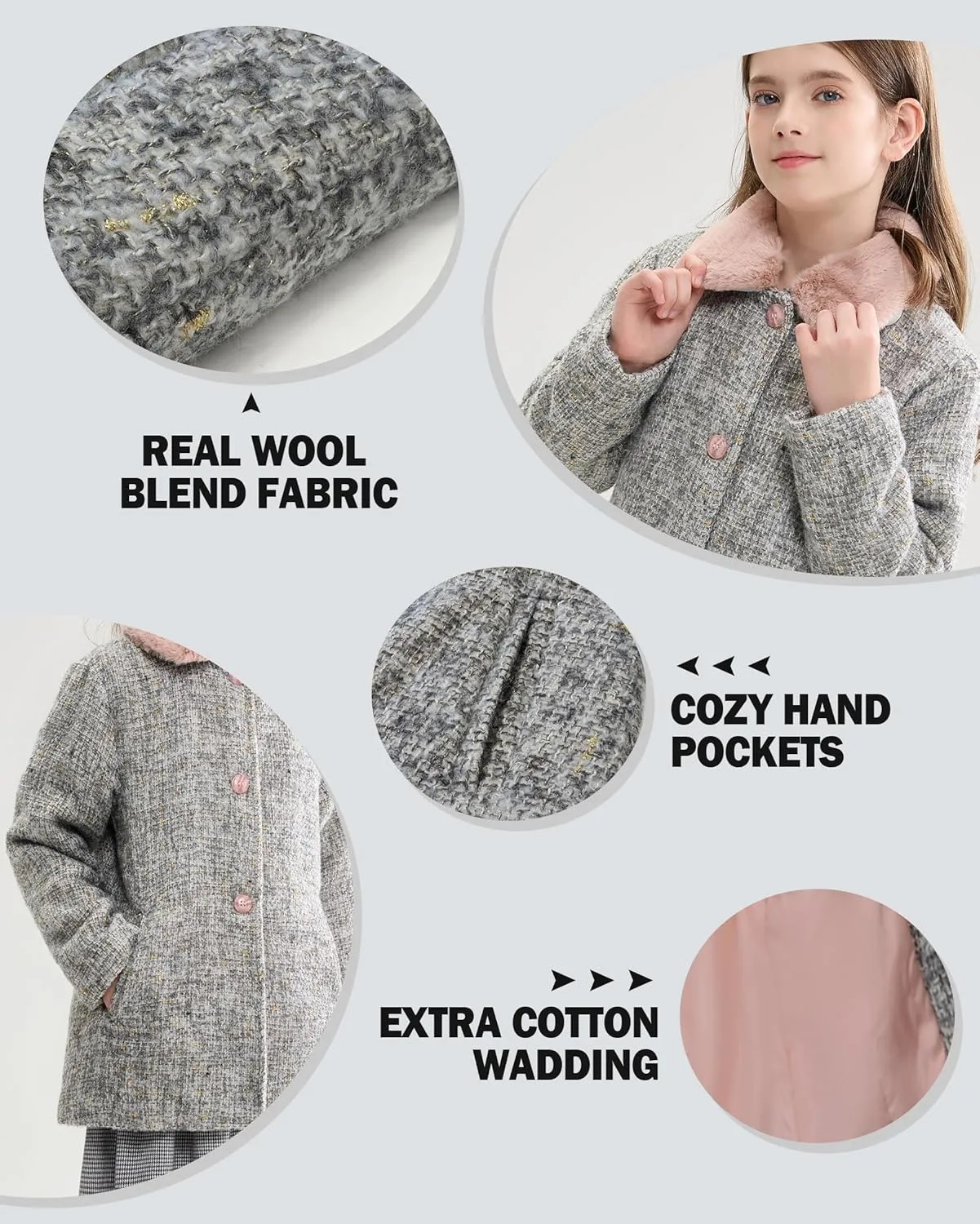 maoo garden Girls Winter Wool Peacoat Little Girls Fur Collar Dress Coat Quilted Jacket