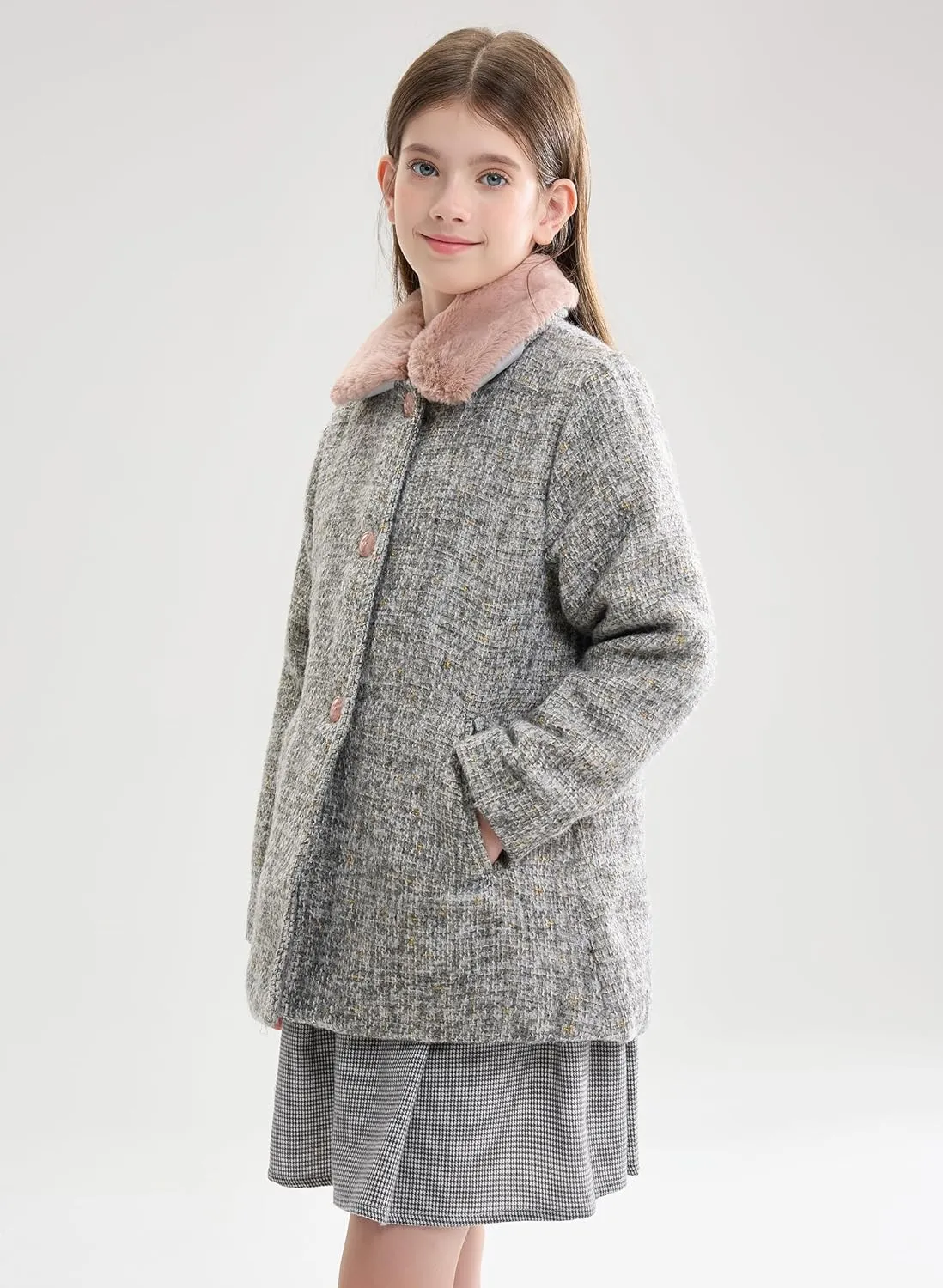 maoo garden Girls Winter Wool Peacoat Little Girls Fur Collar Dress Coat Quilted Jacket