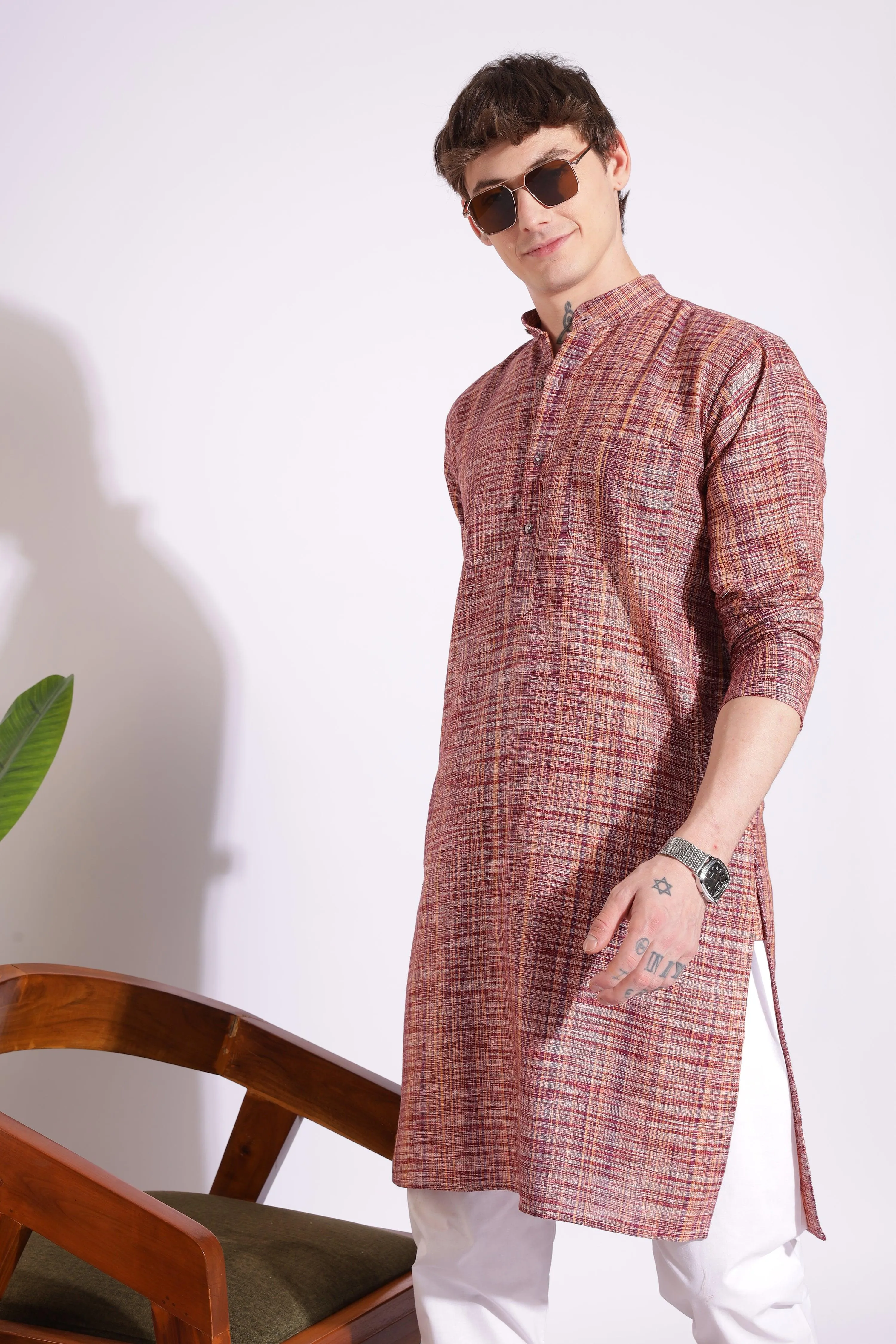 Maroon Color Khadi Cotton Kurta