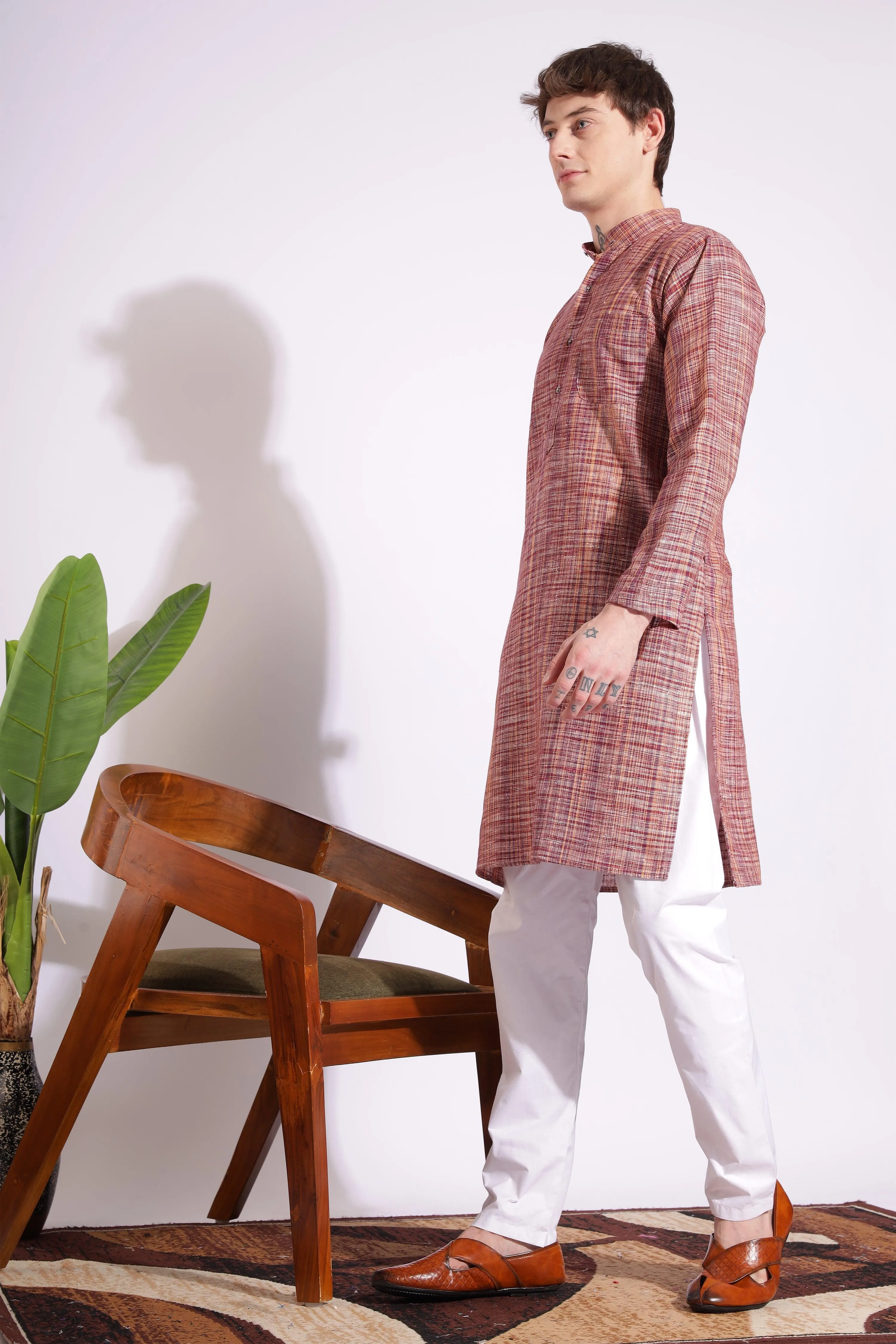 Maroon Color Khadi Cotton Kurta