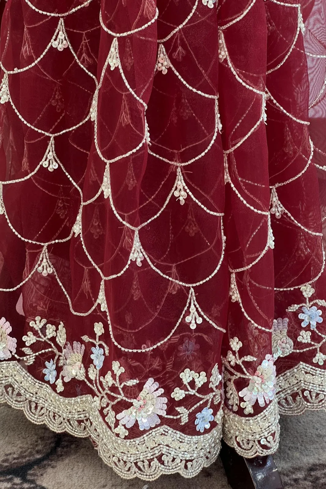 Maroon Sequins, Beads and Pearl work Saree with Matching Unstitched Designer Blouse