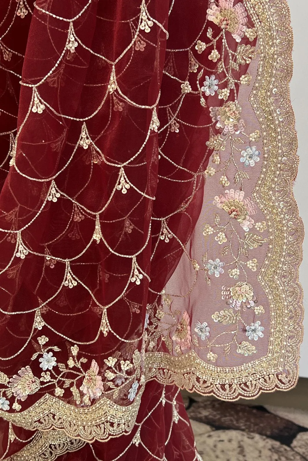 Maroon Sequins, Beads and Pearl work Saree with Matching Unstitched Designer Blouse