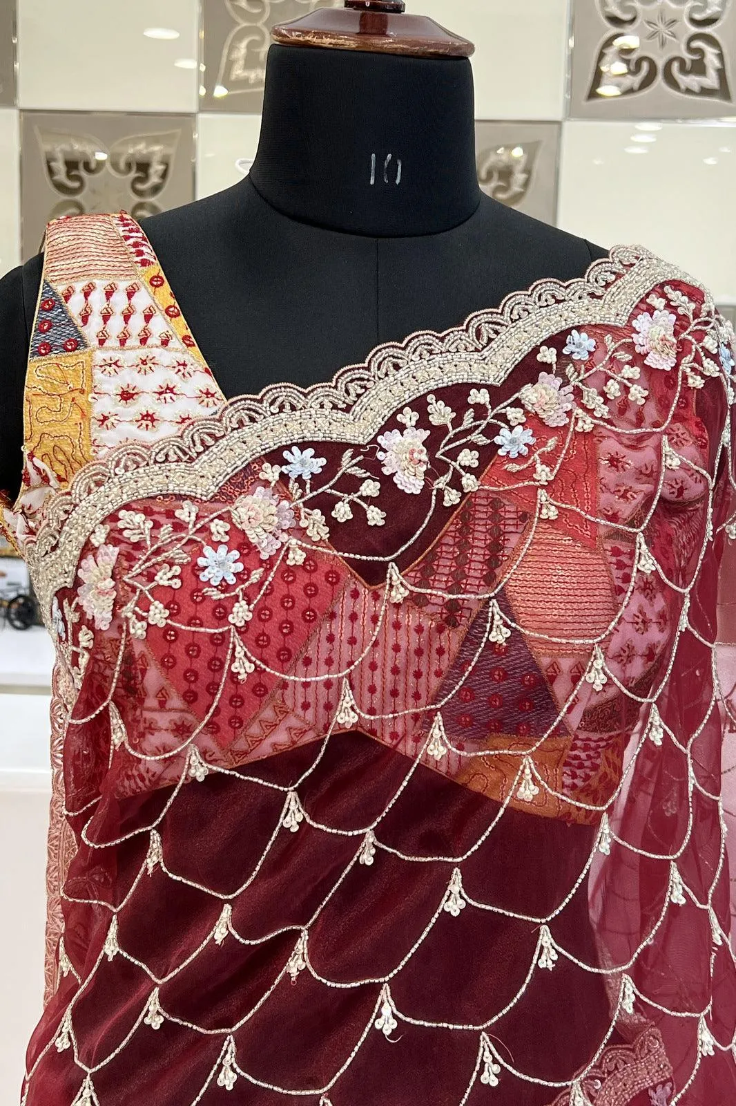 Maroon Sequins, Beads and Pearl work Saree with Matching Unstitched Designer Blouse