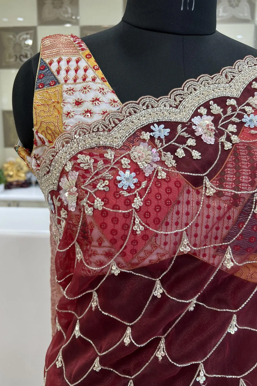 Maroon Sequins, Beads and Pearl work Saree with Matching Unstitched Designer Blouse