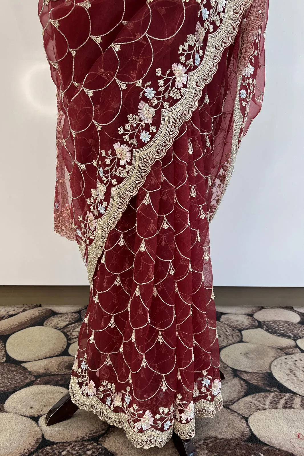 Maroon Sequins, Beads and Pearl work Saree with Matching Unstitched Designer Blouse