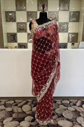 Maroon Sequins, Beads and Pearl work Saree with Matching Unstitched Designer Blouse