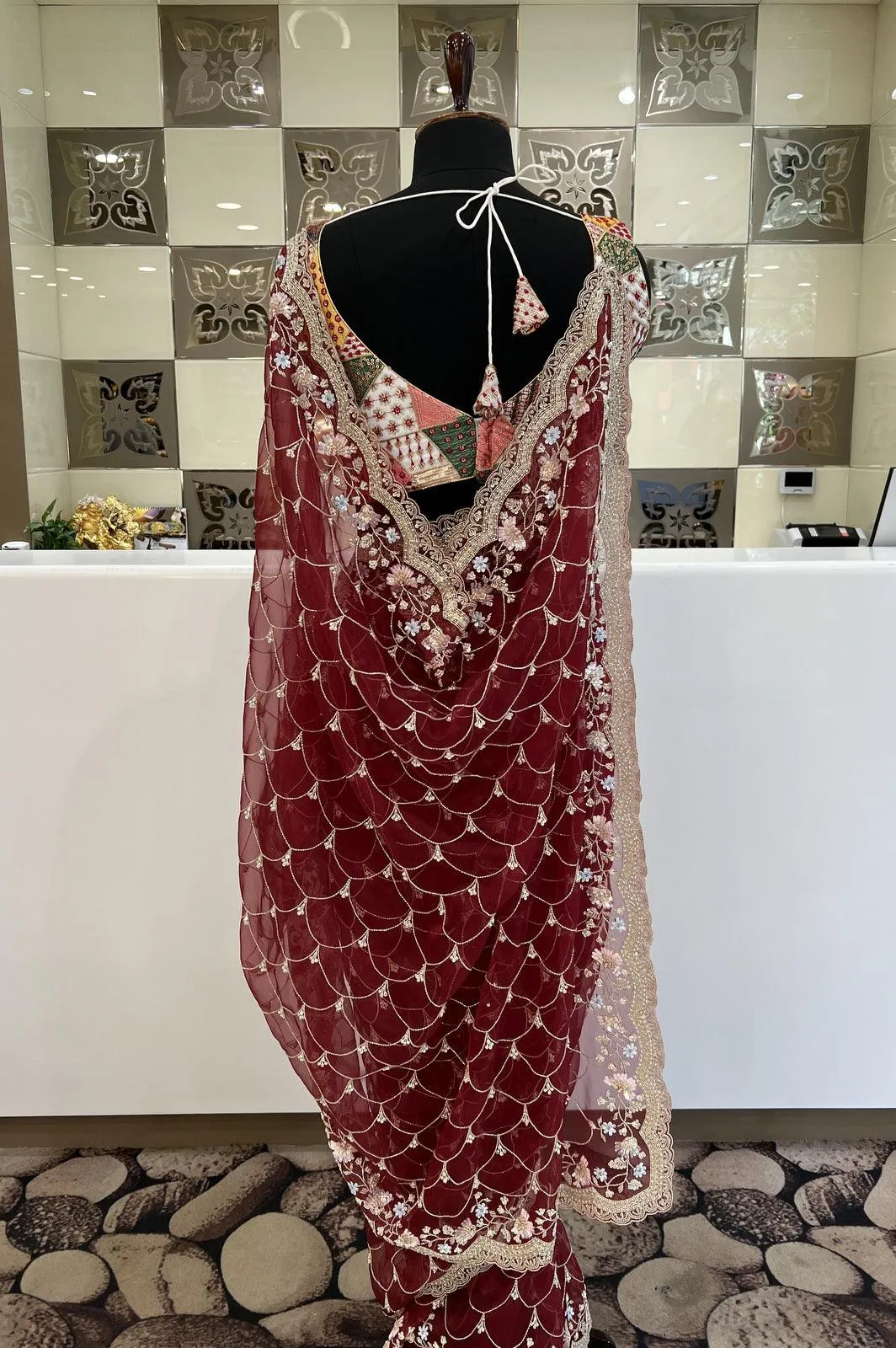 Maroon Sequins, Beads and Pearl work Saree with Matching Unstitched Designer Blouse