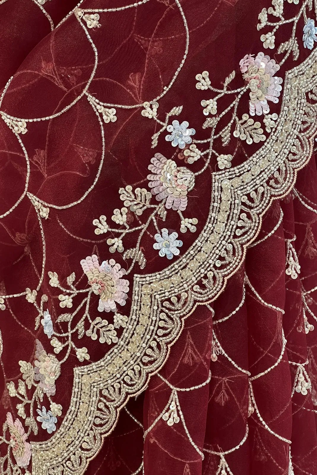 Maroon Sequins, Beads and Pearl work Saree with Matching Unstitched Designer Blouse