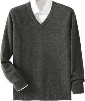 Men V- Neck Pullover Sweater Solid Merino Wool Knitwear Casual Basic Style Soft Warm Jumper Tops