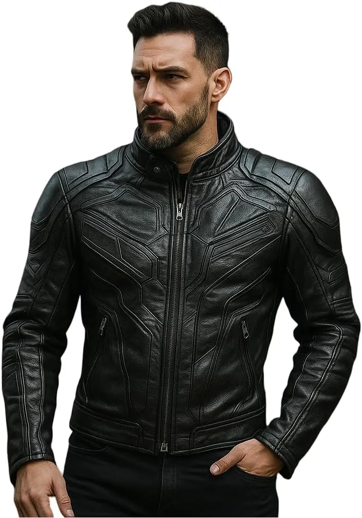 Men's Real Leather Biker Jacket  Slim Fit Motorcycle Style with Stand Collar  Black Moto Riding Jacket