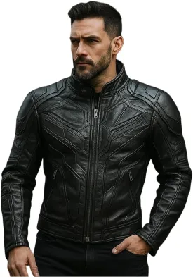 Men's Real Leather Biker Jacket  Slim Fit Motorcycle Style with Stand Collar  Black Moto Riding Jacket