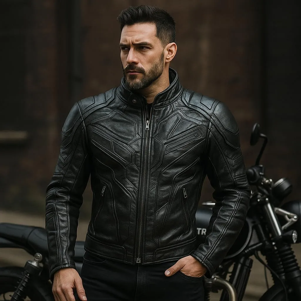 Men's Real Leather Biker Jacket  Slim Fit Motorcycle Style with Stand Collar  Black Moto Riding Jacket
