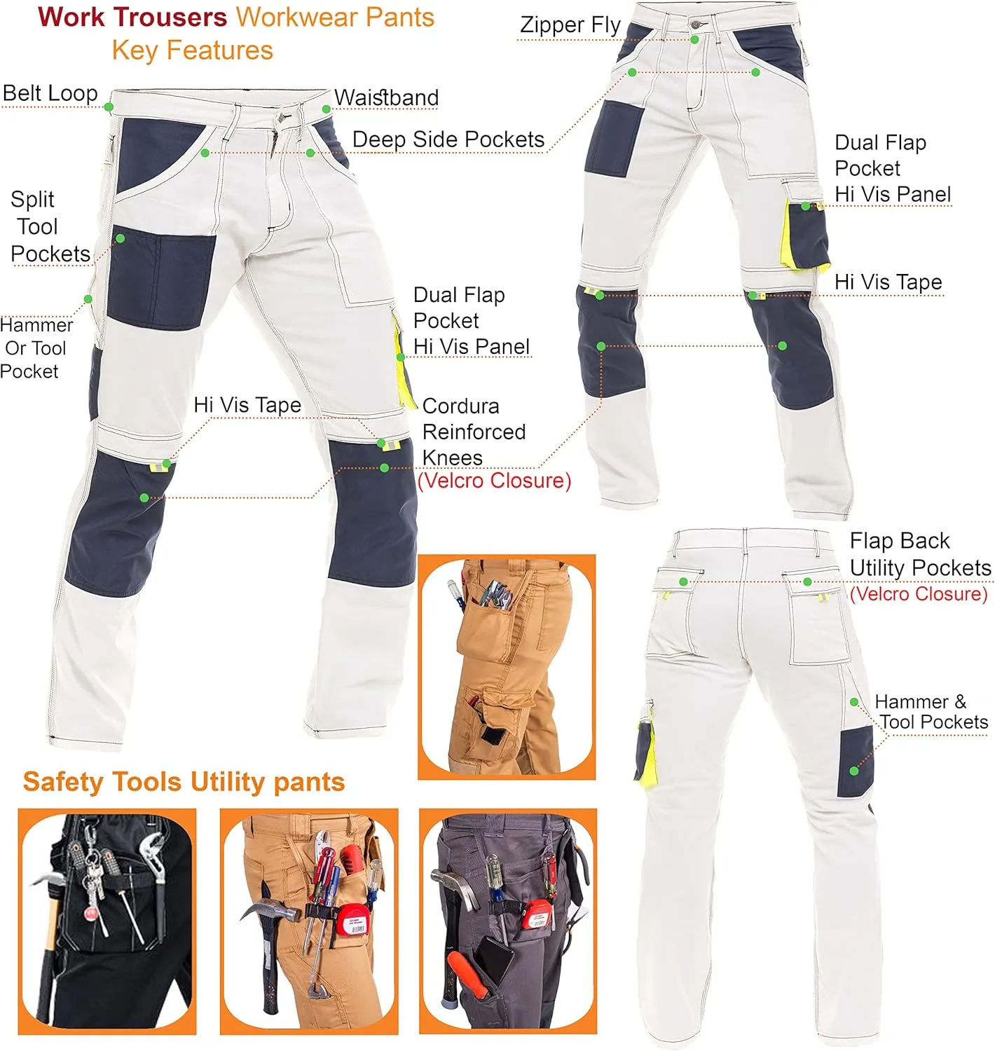 Men's Tactical Cargo Pants  Cordura Reinforced Work Trousers with Knee Pads, Holster Pockets and Safety Trousers