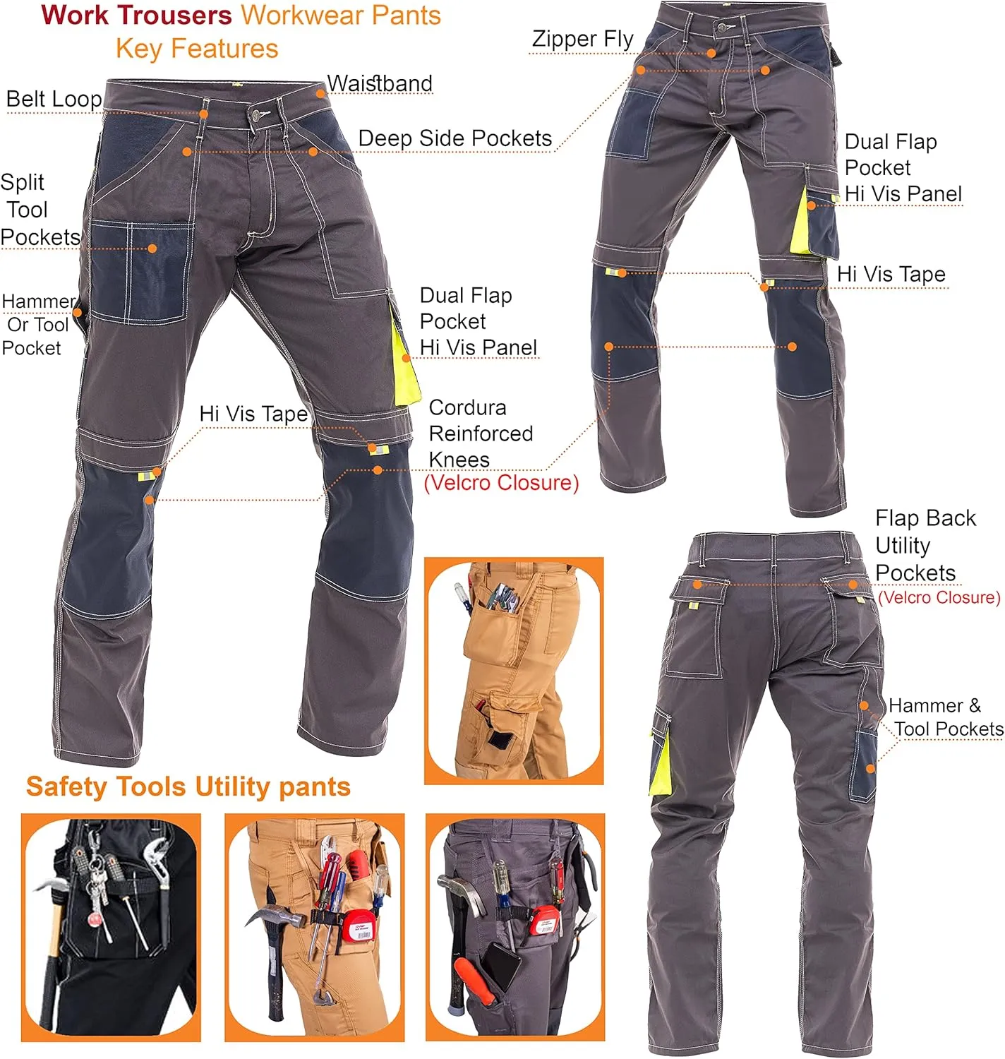 Men's Tactical Cargo Pants  Cordura Reinforced Work Trousers with Knee Pads, Holster Pockets and Safety Trousers