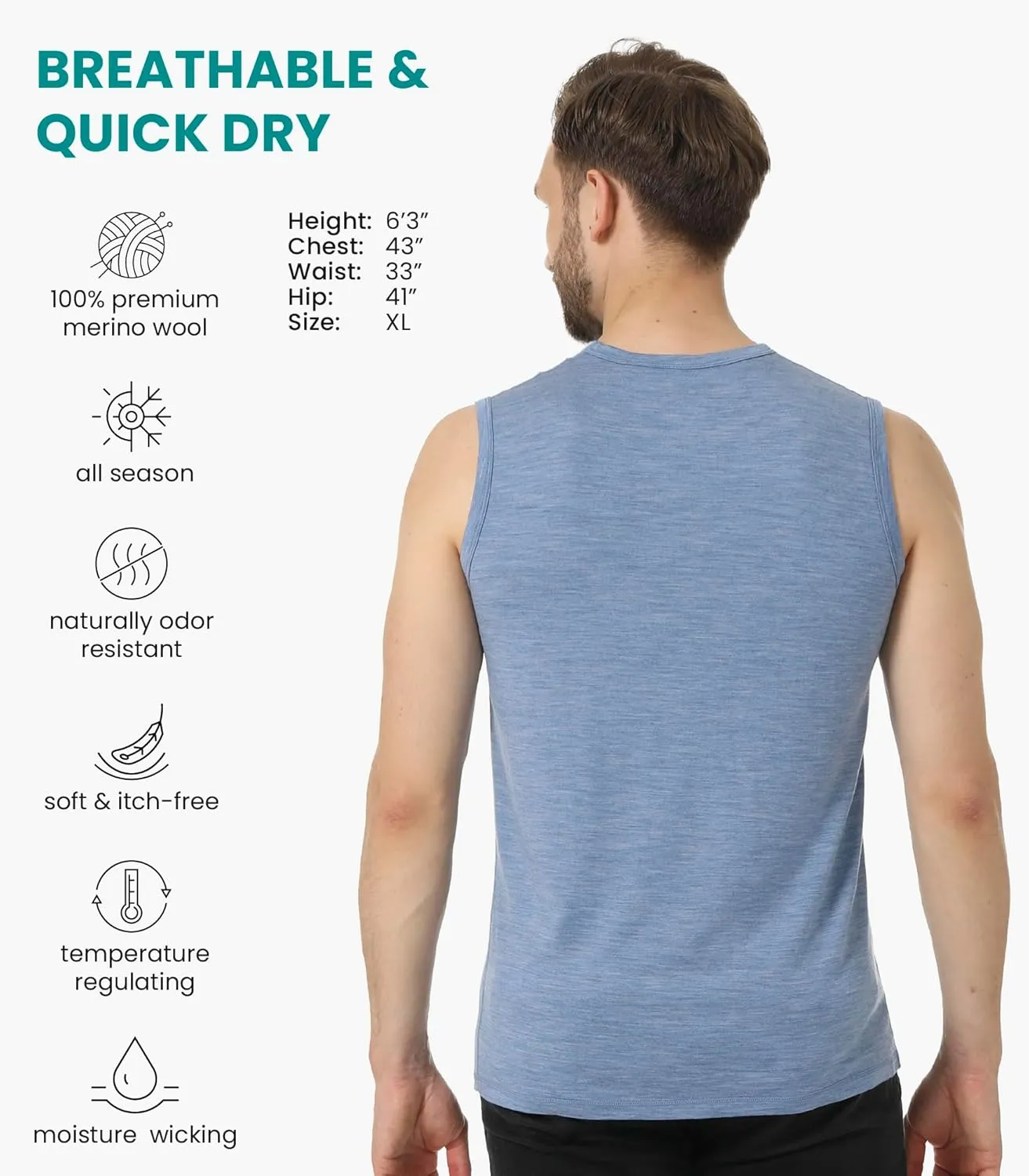 Merino Wool Tank Top Men - Active Merino Wool Undershirt Moisture Wicking Breathable Anti-Odor Lightweight Base Layer
