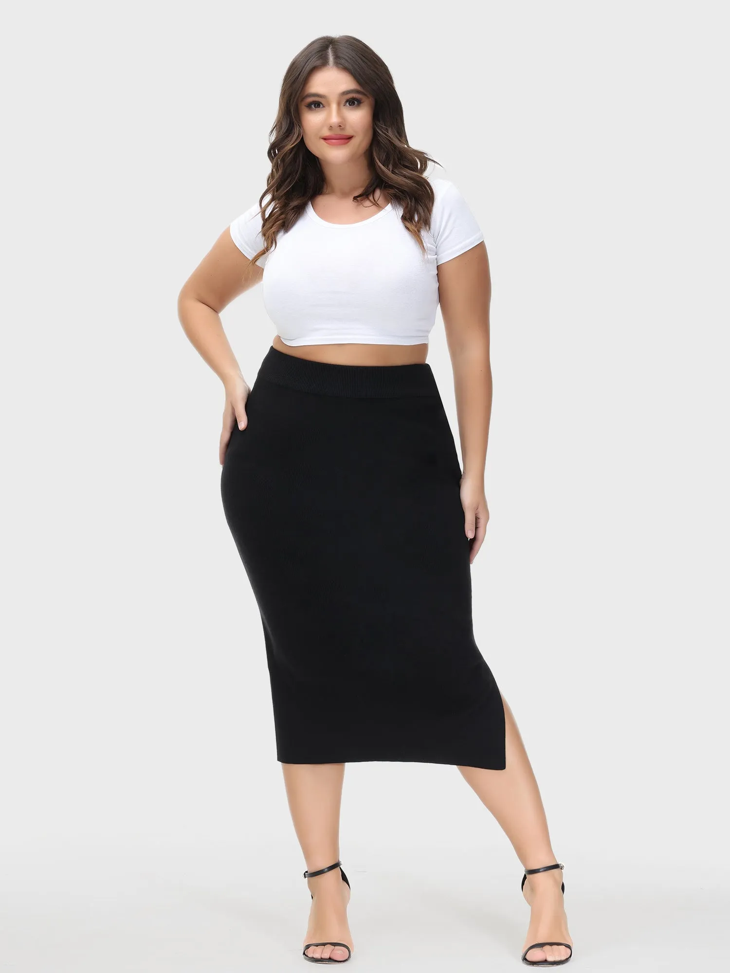 Midsize High-Waisted Slit Hip-Wrap Midi Skirt
