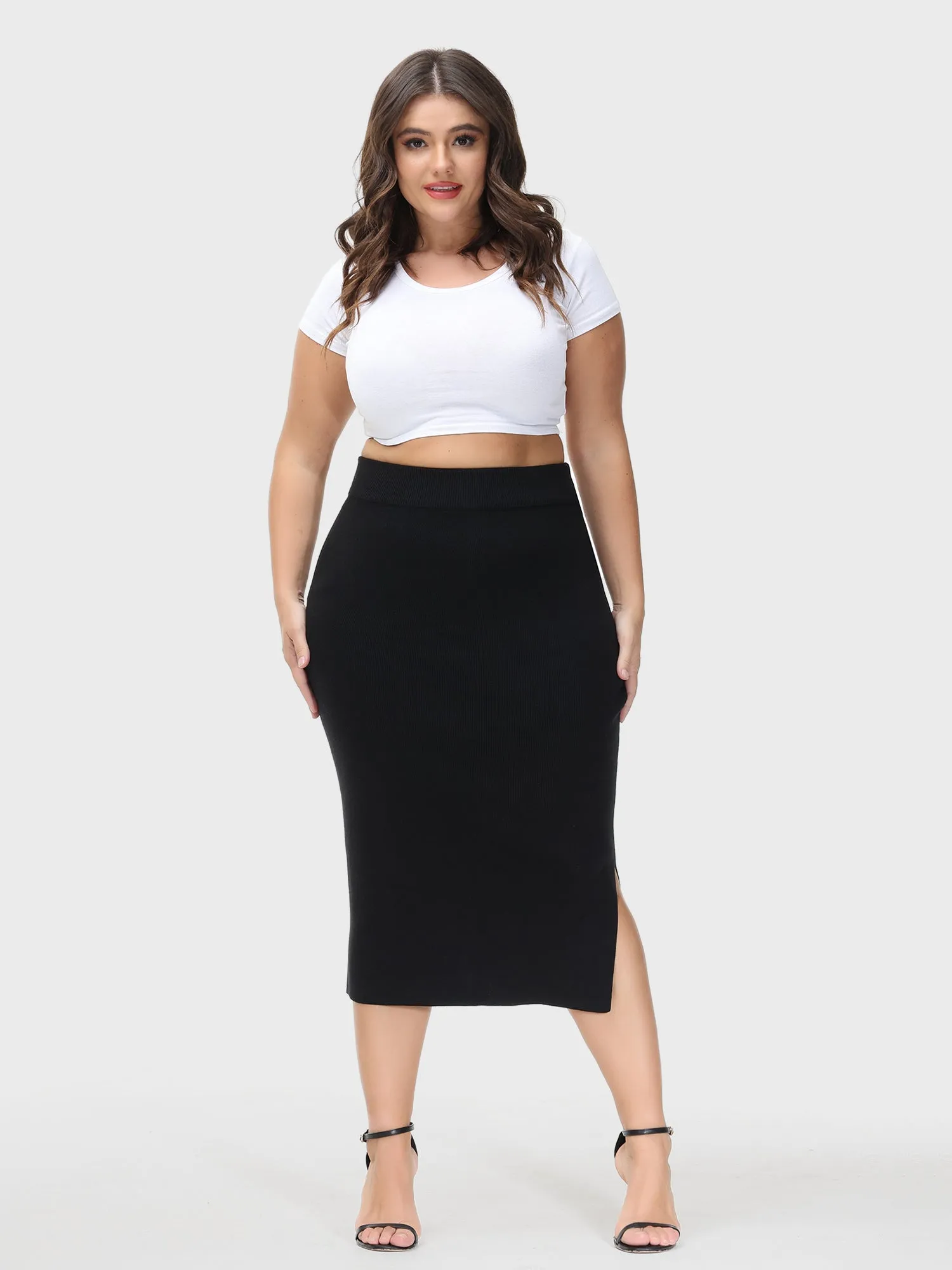 Midsize High-Waisted Slit Hip-Wrap Midi Skirt