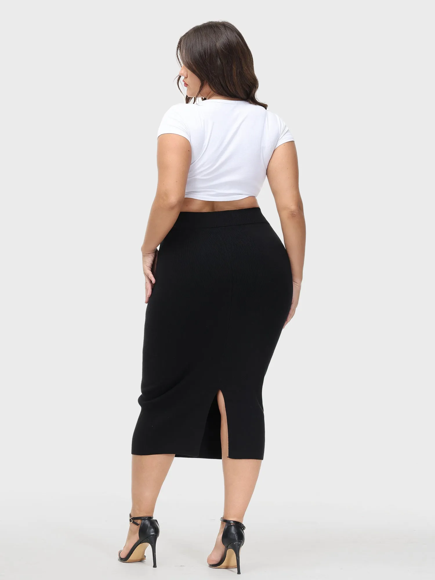 Midsize High-Waisted Slit Hip-Wrap Midi Skirt
