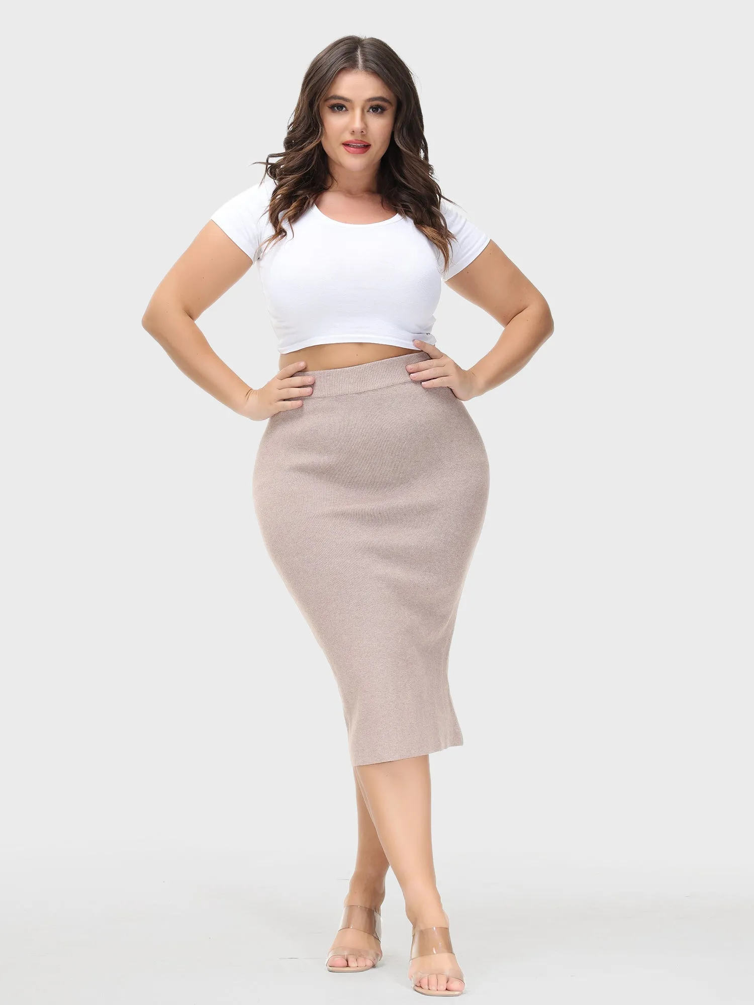 Midsize High-Waisted Slit Hip-Wrap Midi Skirt