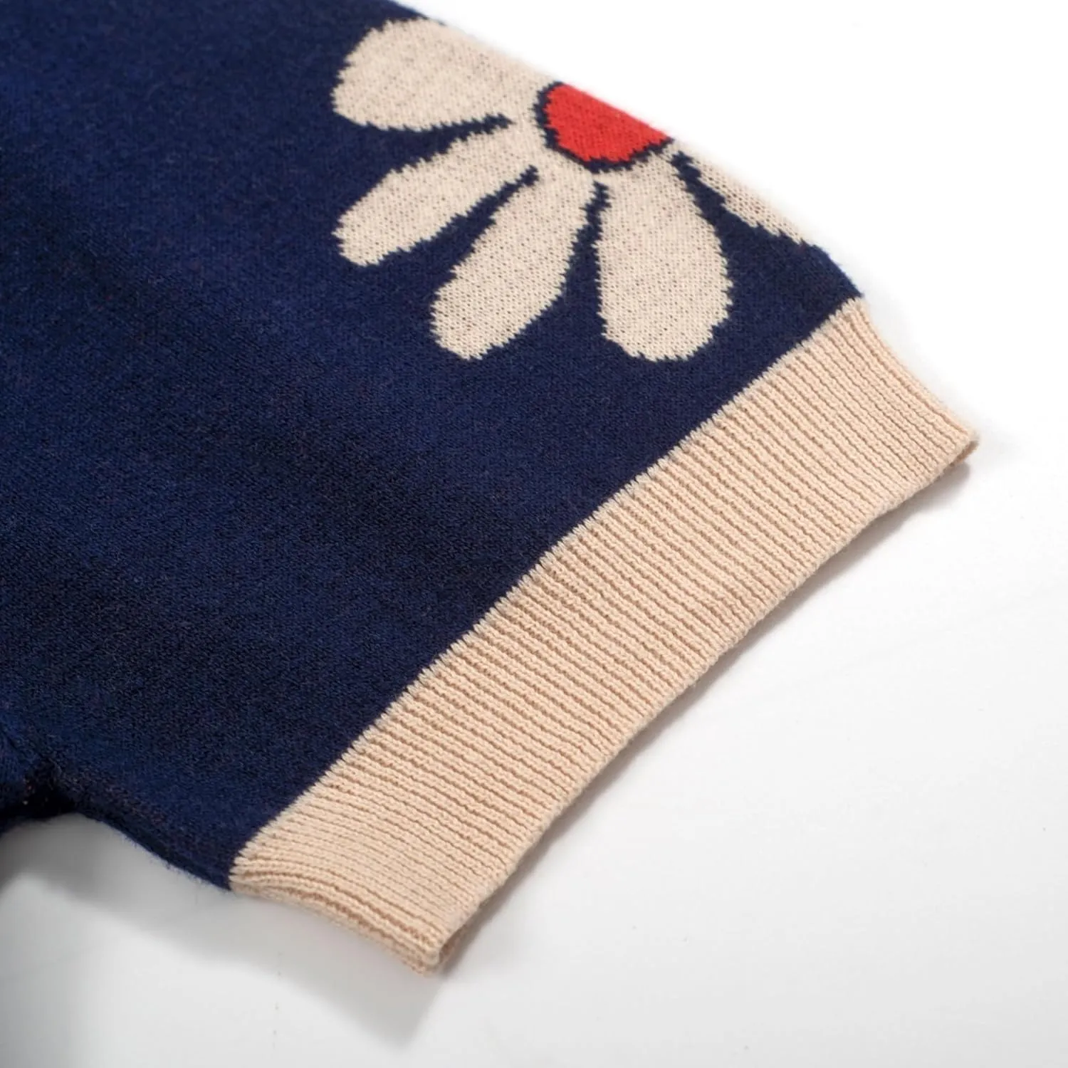OXKNIT Men's Polo Shirts Retro Knitted V Neck Short Sleeve Navy Summer Shirt with Flower Design