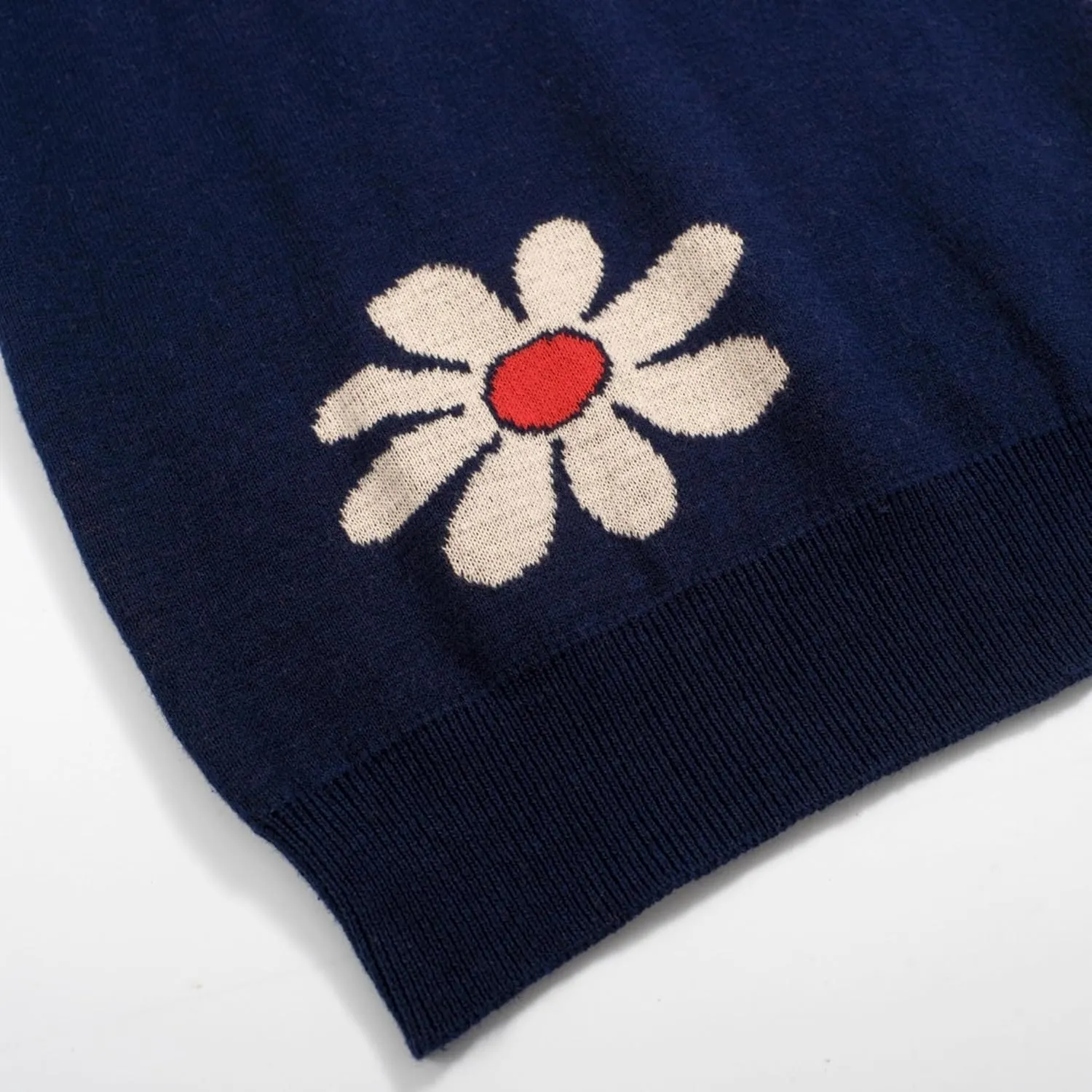 OXKNIT Men's Polo Shirts Retro Knitted V Neck Short Sleeve Navy Summer Shirt with Flower Design