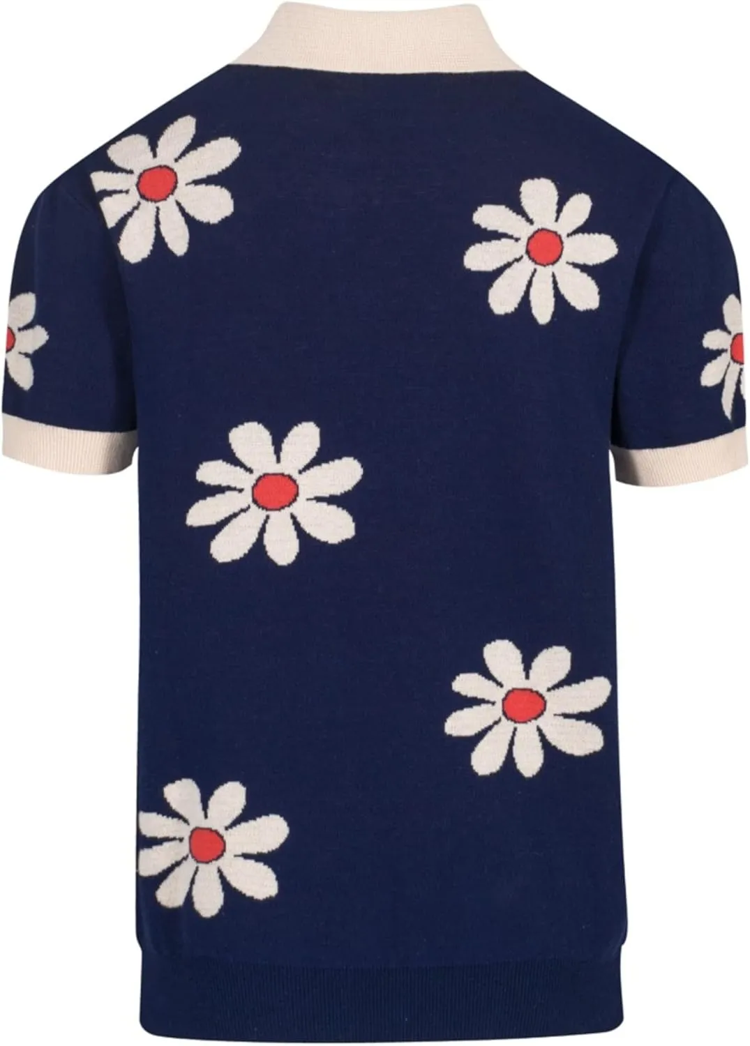 OXKNIT Men's Polo Shirts Retro Knitted V Neck Short Sleeve Navy Summer Shirt with Flower Design