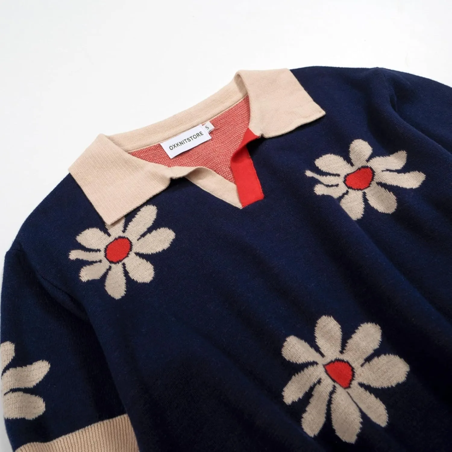 OXKNIT Men's Polo Shirts Retro Knitted V Neck Short Sleeve Navy Summer Shirt with Flower Design