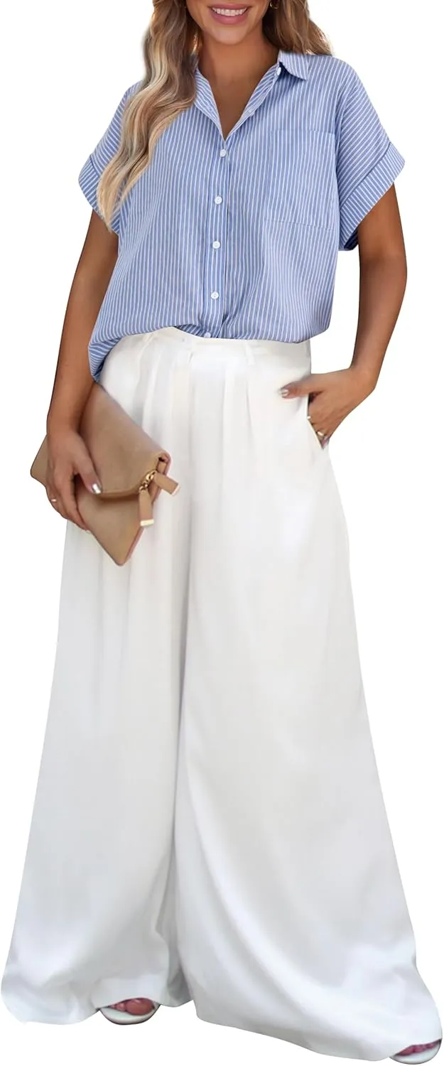 PRETTYGARDEN Striped Shirts Button Up Tops for Women 2025 Summer Short Sleeve V Neck Dressy Casual Blouse