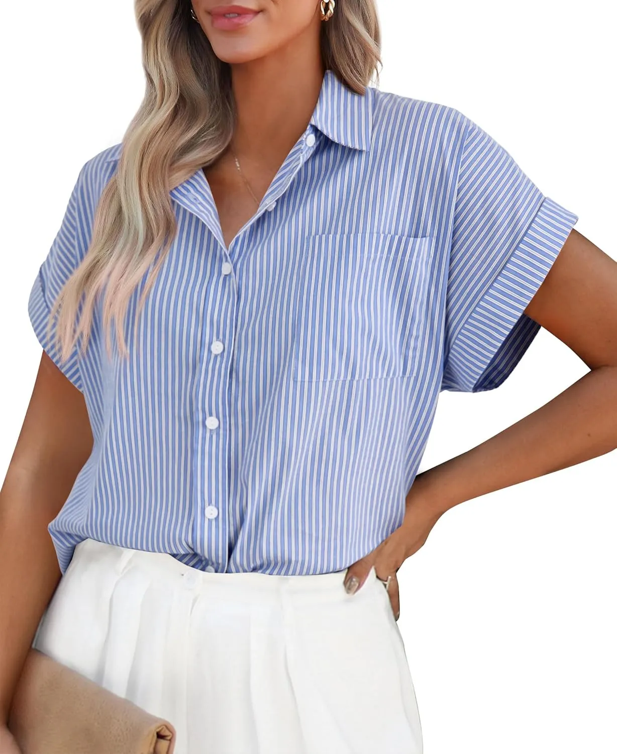 PRETTYGARDEN Striped Shirts Button Up Tops for Women 2025 Summer Short Sleeve V Neck Dressy Casual Blouse