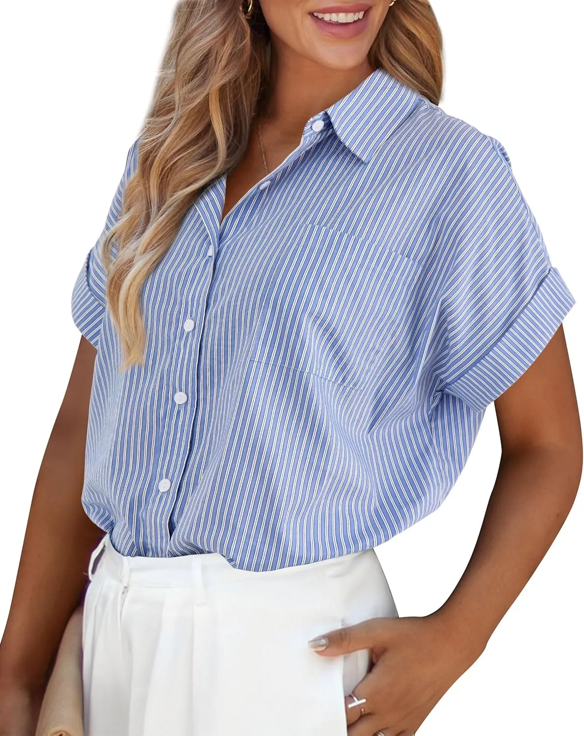 PRETTYGARDEN Striped Shirts Button Up Tops for Women 2025 Summer Short Sleeve V Neck Dressy Casual Blouse