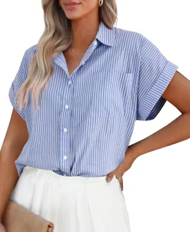 PRETTYGARDEN Striped Shirts Button Up Tops for Women 2025 Summer Short Sleeve V Neck Dressy Casual Blouse