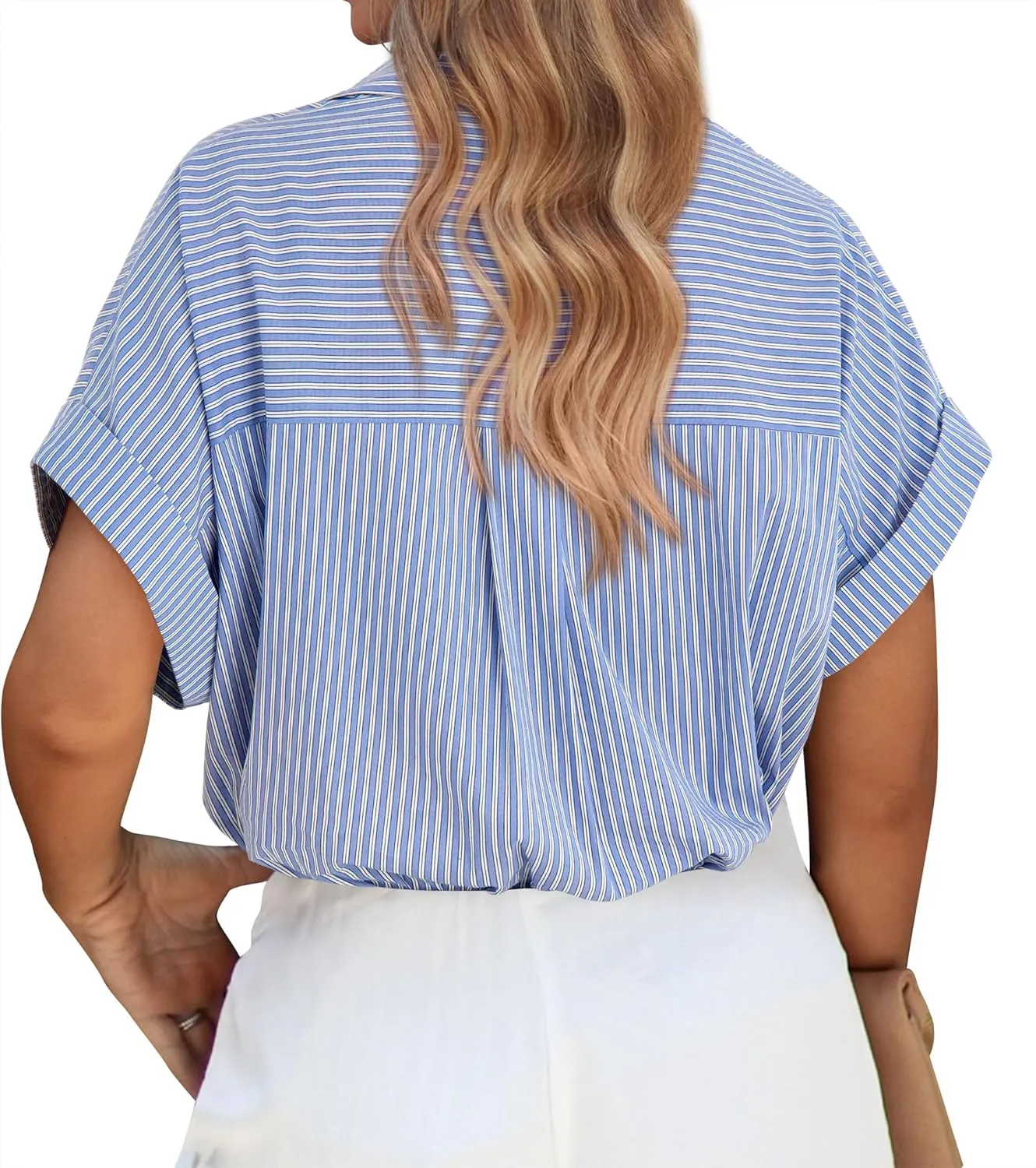 PRETTYGARDEN Striped Shirts Button Up Tops for Women 2025 Summer Short Sleeve V Neck Dressy Casual Blouse