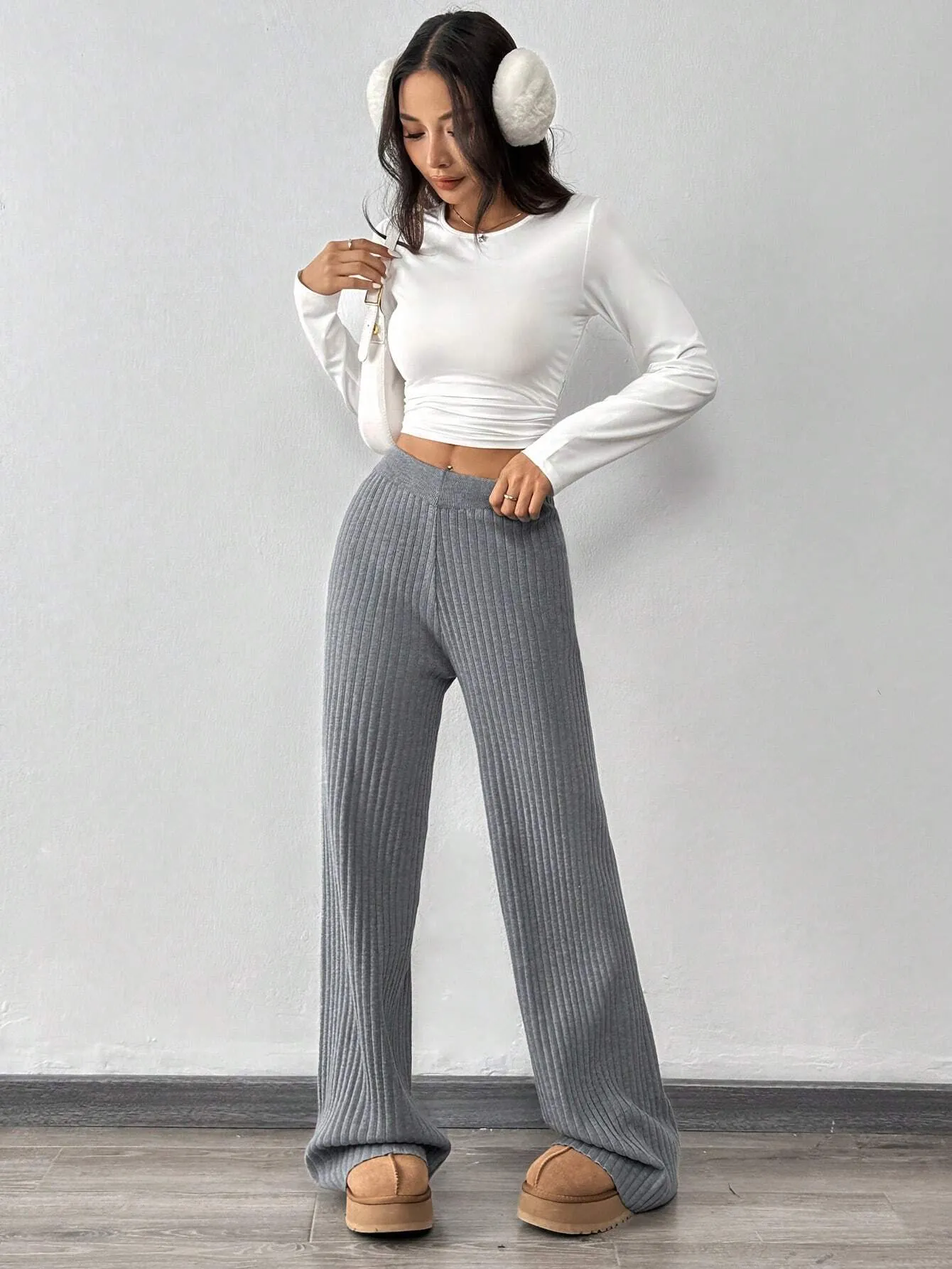 Ribbed Knit Gray Sweater Trousers FW24