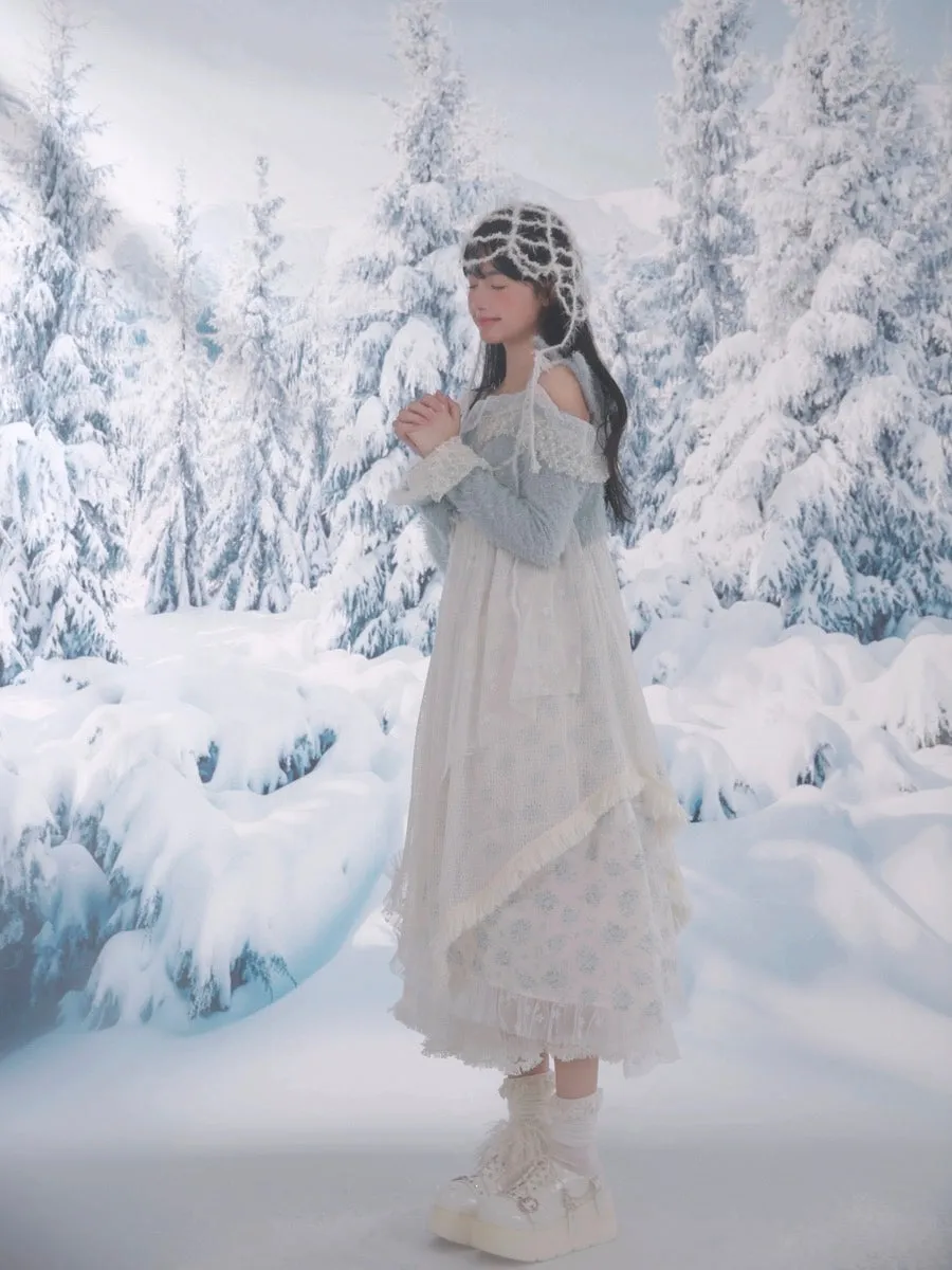 [Rose Island] Snowfall Knit Off-Shoulder Embroidered Sweater