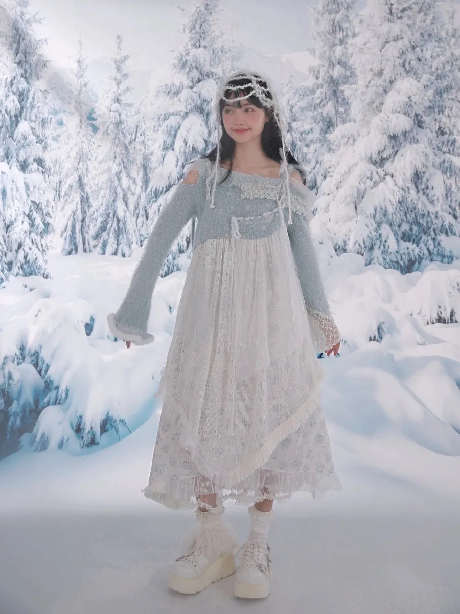[Rose Island] Snowfall Knit Off-Shoulder Embroidered Sweater