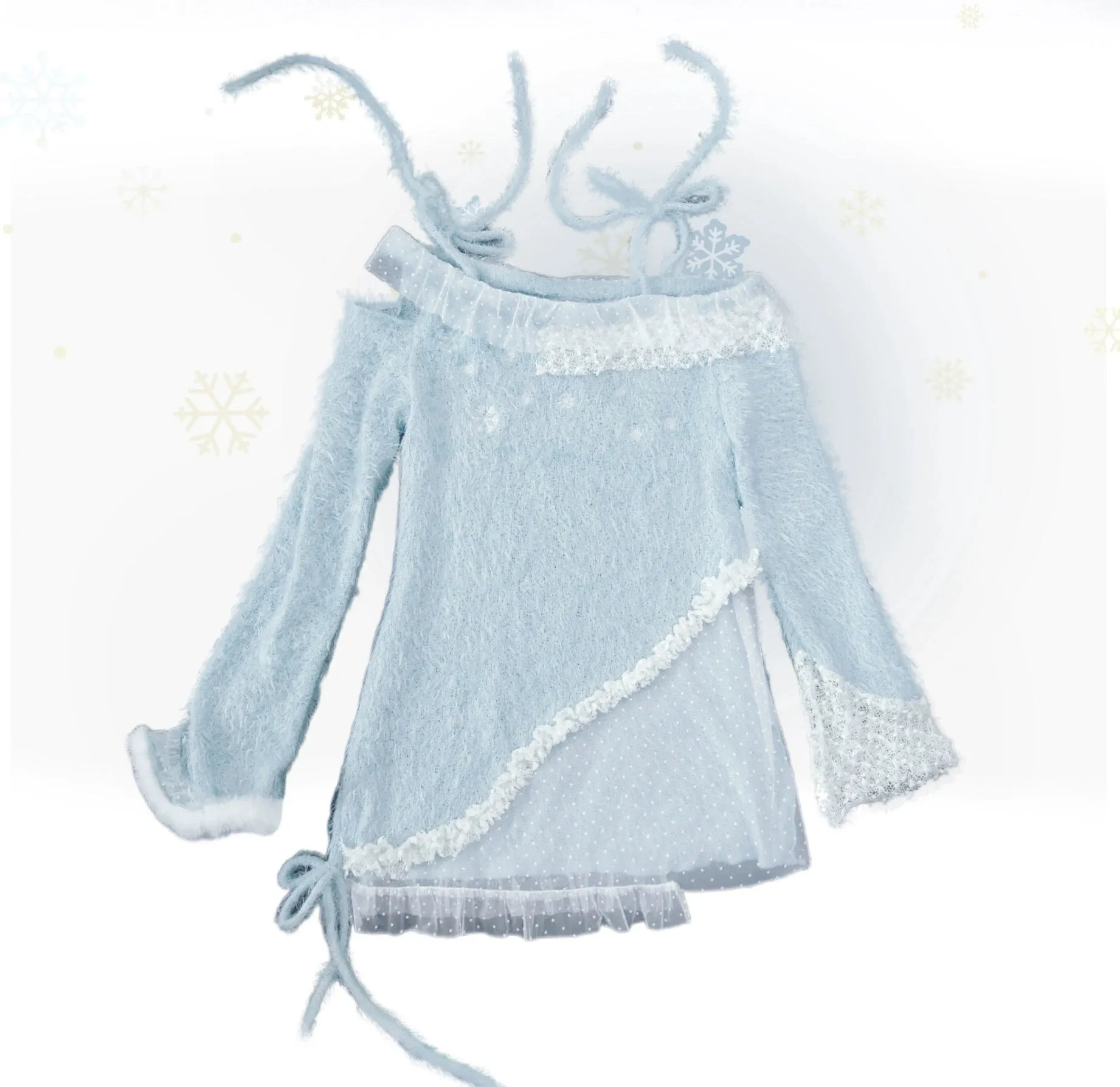 [Rose Island] Snowfall Knit Off-Shoulder Embroidered Sweater