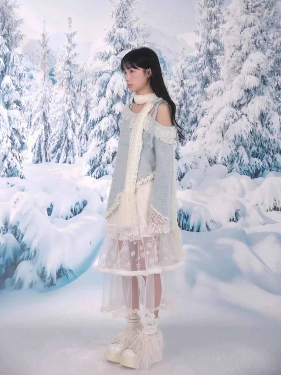 [Rose Island] Snowfall Knit Off-Shoulder Embroidered Sweater