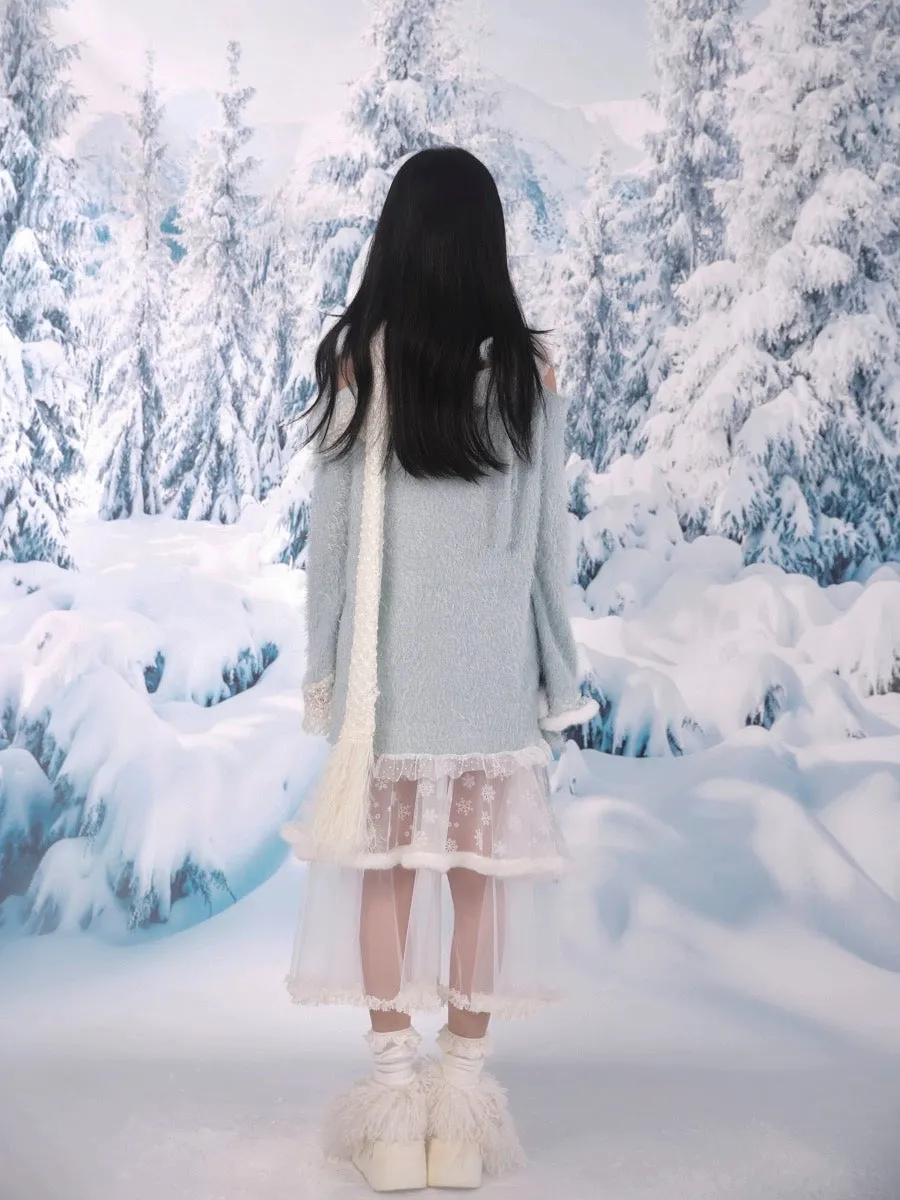 [Rose Island] Snowfall Knit Off-Shoulder Embroidered Sweater